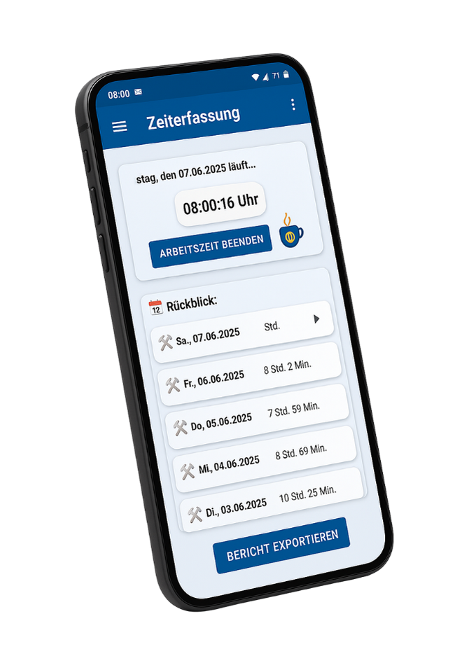 zeamex Zeiterfassung Mobilgerät zeigt eine Zeitverfolgungsanwendung mit Dateneingabe und -optionen.